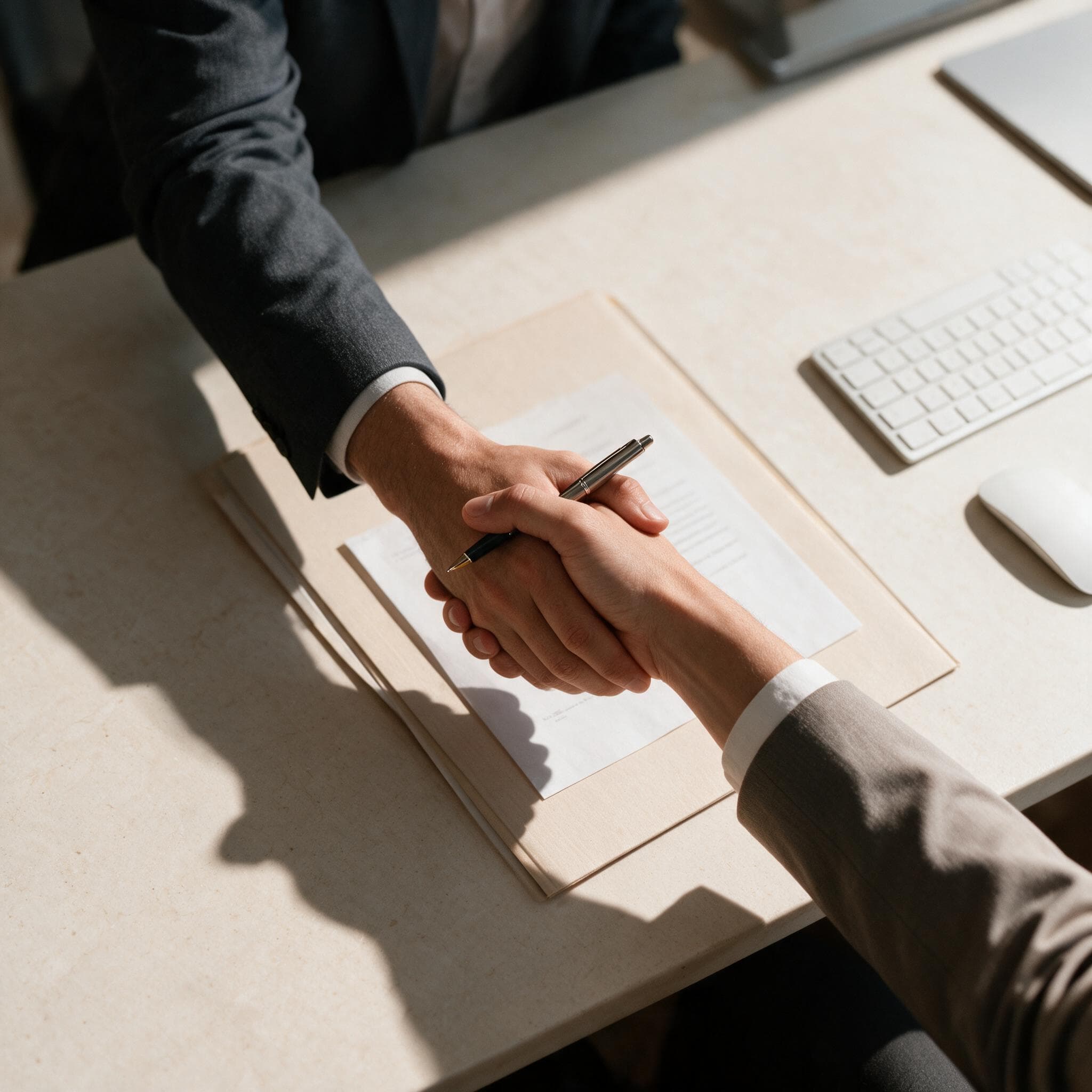 Dos personas se dan la mano sobre un expediente firmado, en una mesa de despacho