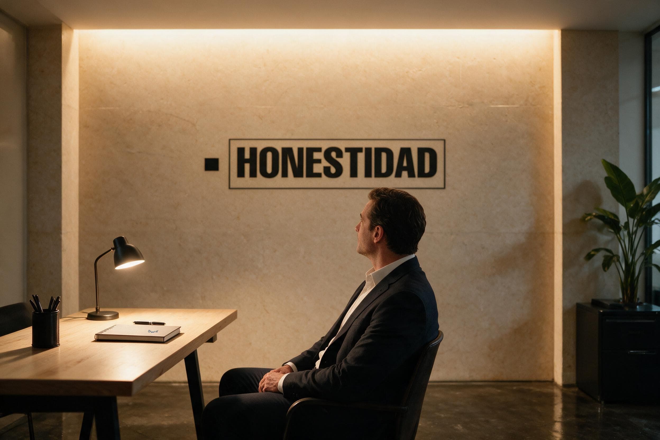 Un hombre sentado a una mesa de despacho mira una pared donde está rotulada la palabra HONESTIDAD